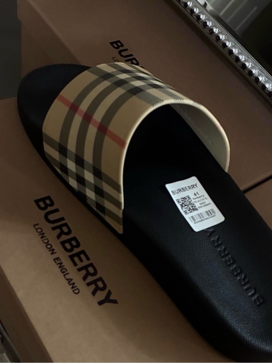 Burberry Other - Burberry Check Slide Sandals in Beige and Black with Red Accent
